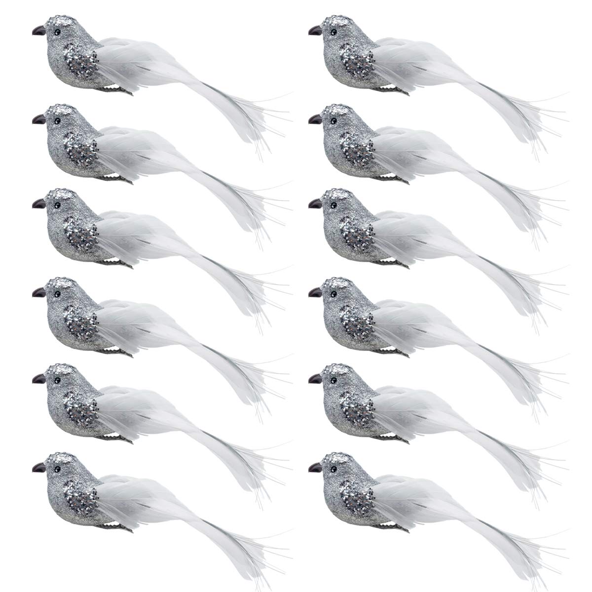Glitter Artificial Birds Sequin Clip on Bird Ornaments for Christmas Tree Wedding Wreath Crafts (Silver, 12)