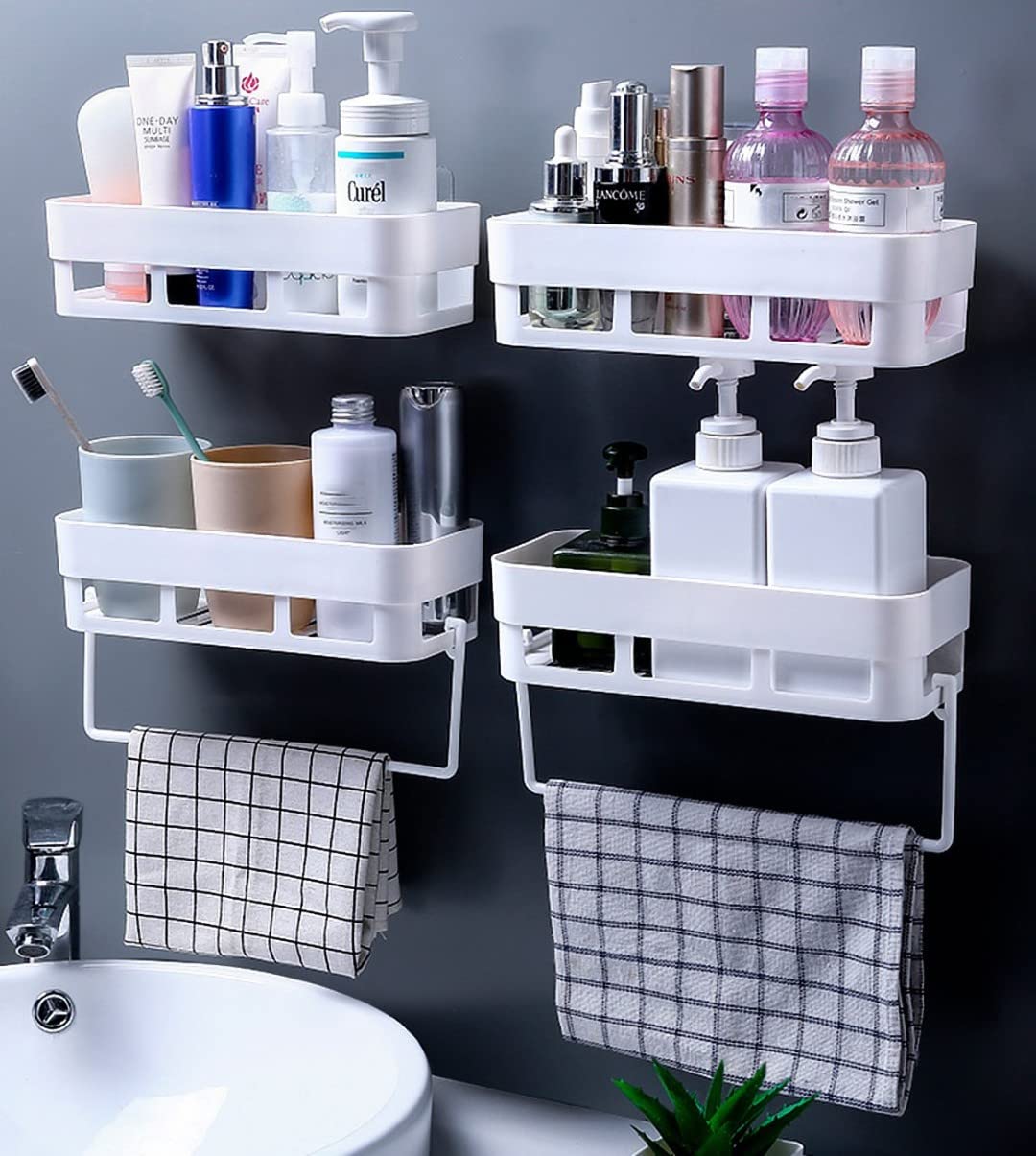 Multipurpose Drilling Free Wall Mount Bathroom Organizer Shelf (White, 4 Bathroom Shelf + 2 Towel Hanger)