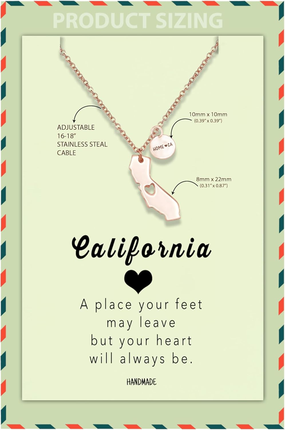 quan jewelry California State Necklace, Handmade California Map Pendant Charm, Inspirational Necklace with Greeting Card