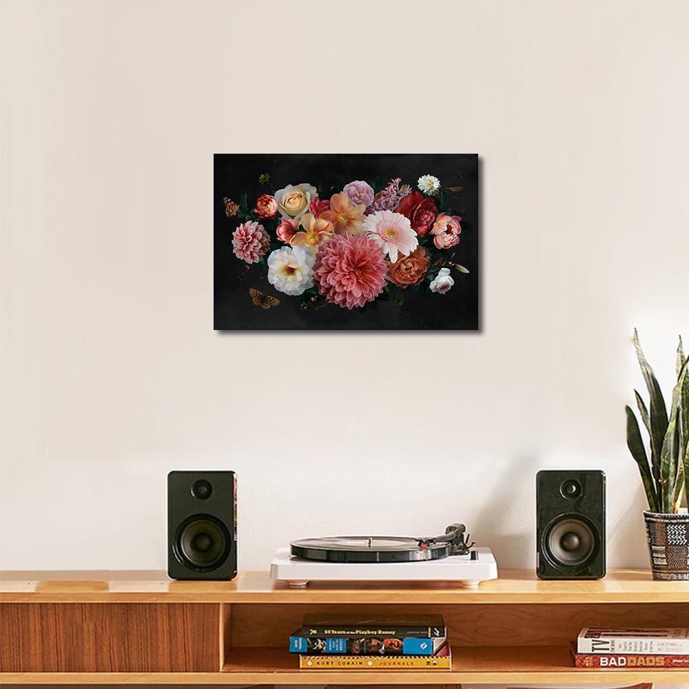 TISHIRON Canvas Wall Art Luxurious Luxurious Baroque Painting Garden Flowers Pink and White Peonies Artwork Print for Bedroom Kitchen Living Room Home Decor Framed Ready to Hang (40 x 60cm) - Image 2