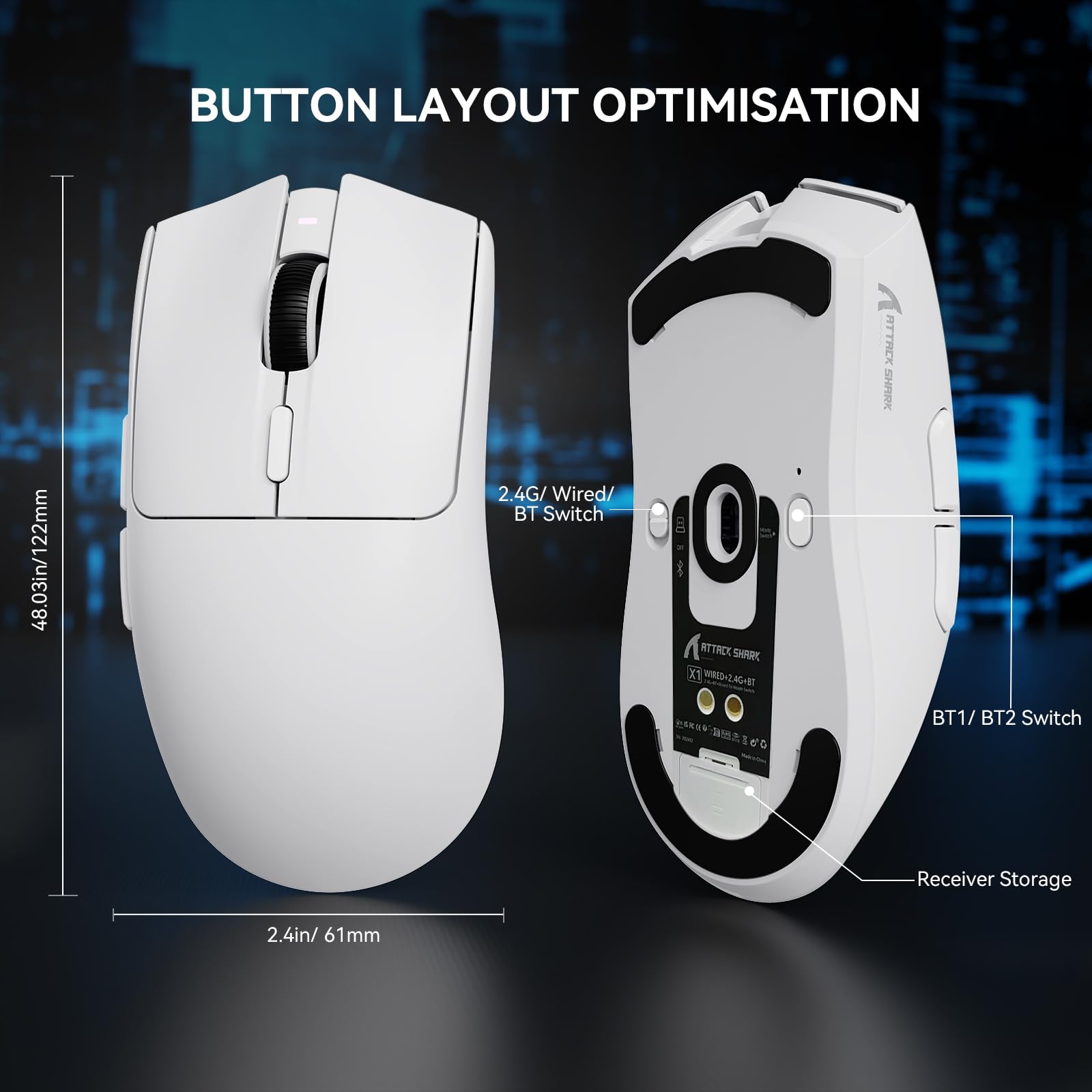 MAMBASNAKE x Attack Shark X1 Ratón Ligero para Juegos FPS con Base de Carga, 49g Superlight, Sensor PAW3395 Pro 40K dpi, Tasa de Sondeo de 1000Hz, BT/2,4G Inalámbrico/Cable, PC/Mac - Blanco