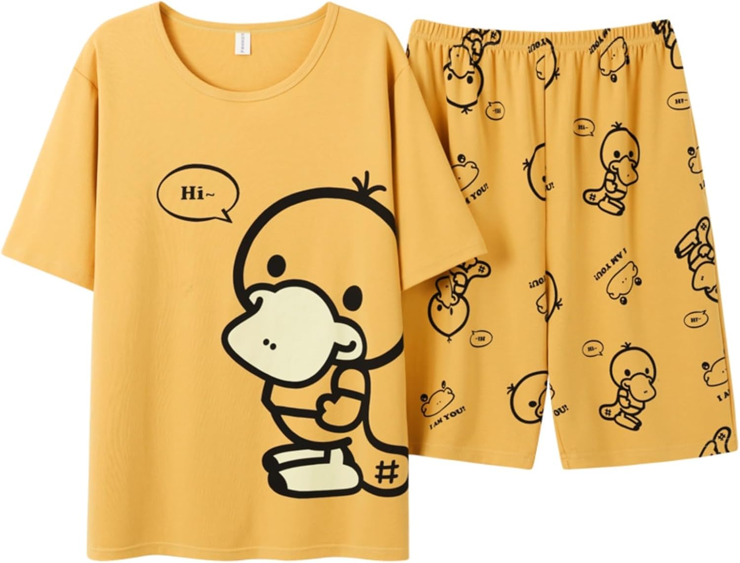 Size XL-Cute Pajama Set Short Sleeves Short Pants Cotton Kawaii Women Summer Cartoon With Pocket Sleepwear Pjs Nightshirt
