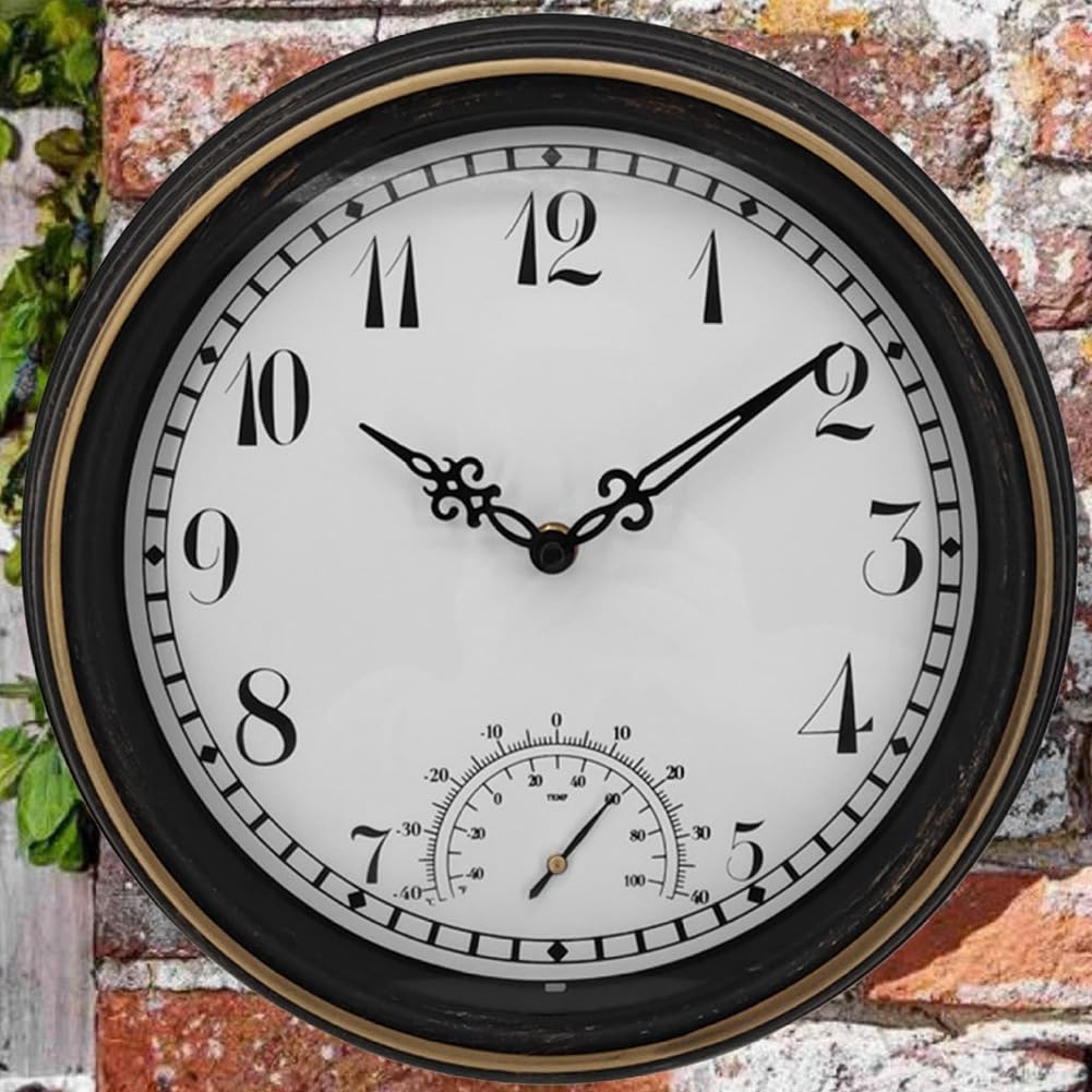 Zewnętrzny wodoodporny zegar ścienny z termometrem IP44 vintage okrągły zegar dekoracyjny ogrodowy 30 cm zegar zewnętrzny