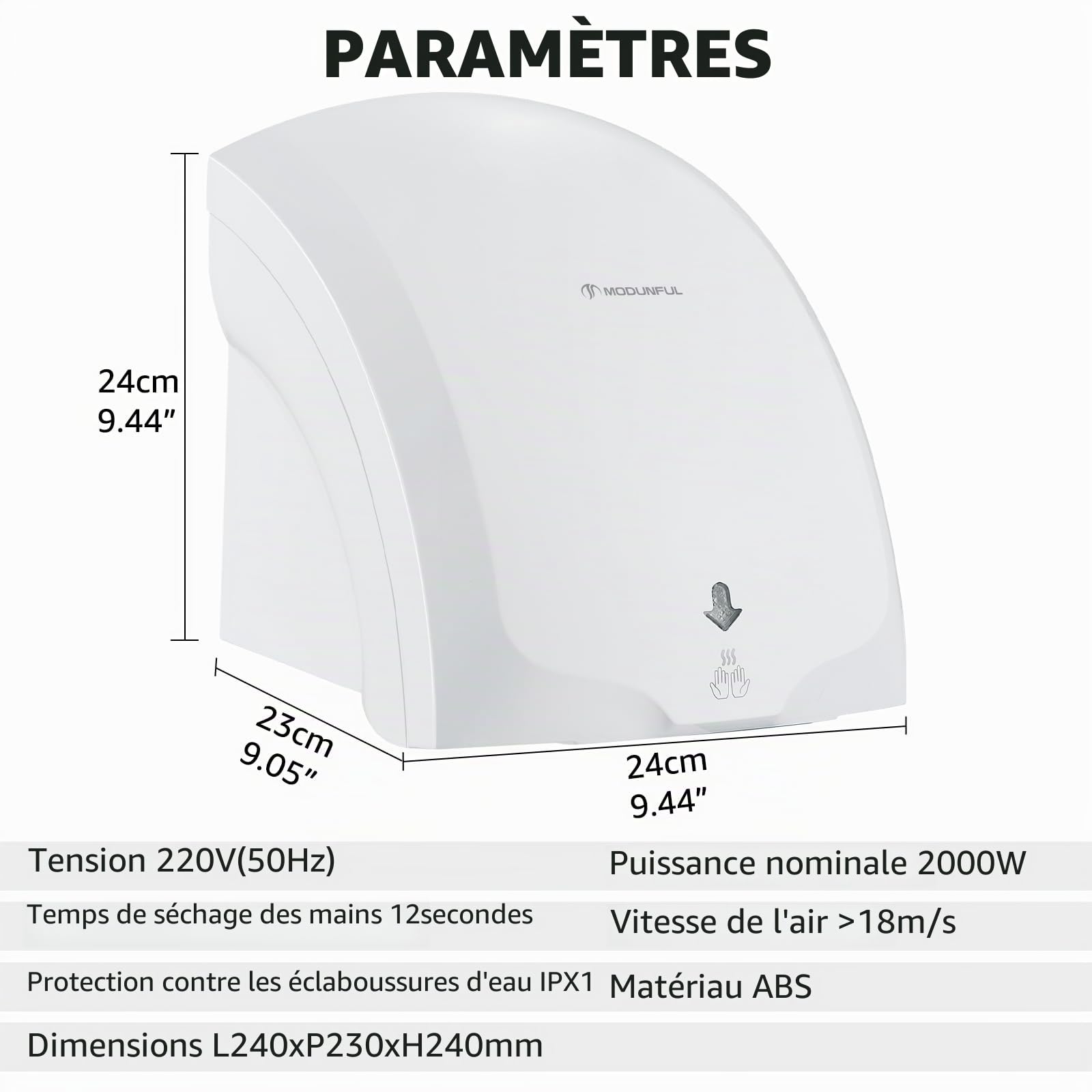 modunful Sèche-mains automatique mural Avec lampe témoin, séchage par vent chaud et froid, compact classique Commercial 220V 2000W Blanc