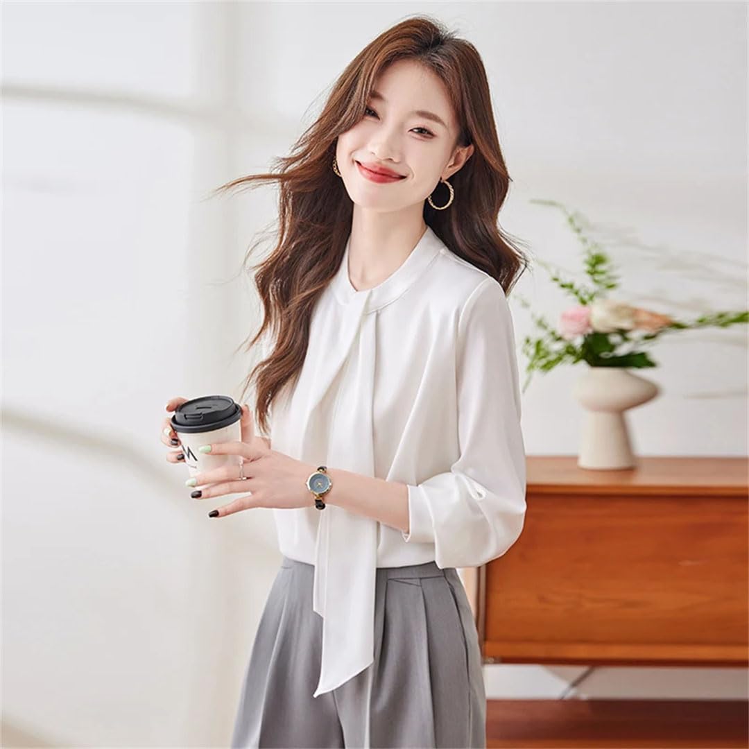 Blusa elegante de oficina para mujer, con lazo, cuello redondo, manga larga, color liso