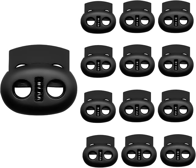 12 Pack Spring Loaded Plastic Round Double Holes Stoppers Cord Ends Fastener Oval Toggle Locks for Drawstrings Shoelace Backpacks Paracord Crafting Camping Hiking or Lanyards (12)