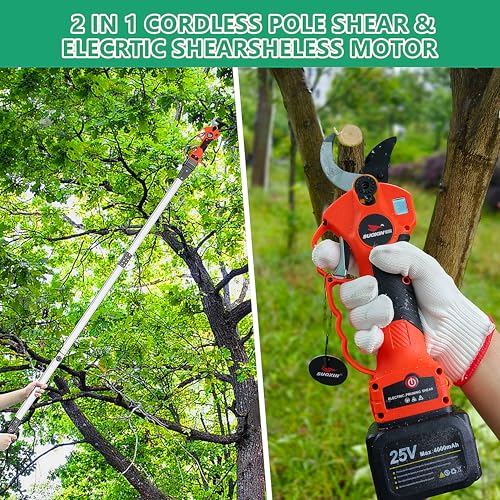Image of Cordless Electric Pole Pruning Shears,Suoxin 2-in-1 Handheld & Telescopic Tree Trimmer with 6.2FT Foldable Extension Pole, SK5 Blade,1.6 inch cutting diameter,LCD Display,2x4Ah Batteries for Garden Use