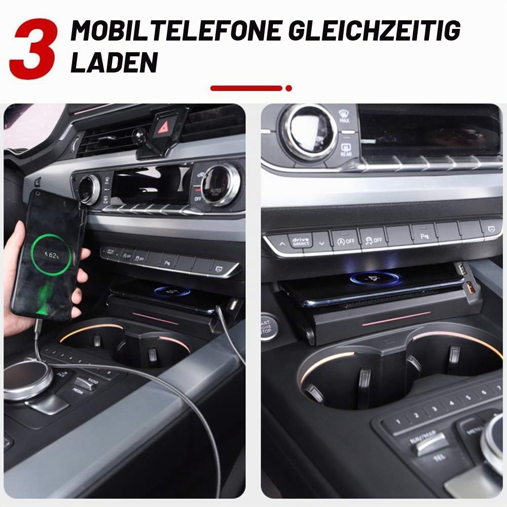 Braveking1 Kabelloses Ladegerät Auto für Audi A4 2019-2021 A5 2020 2021 S4 S5 2021 RS4 RS5 2019 2021 Center Console-Zubehörfeld, 15W Qi Wireless Schnell-ladegerät mit QC3.0 USB für iPhone Samsung