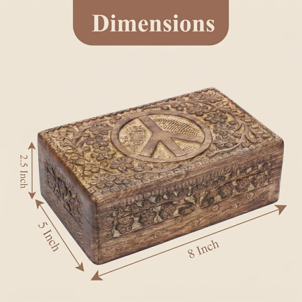 Ajuny Wooden Peace Design Jewelry Box Carved Keepsake Chest 8x5 Inch Holder image 5