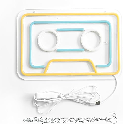 Miniatura 3 de Letrero de neón retro de casete -decoración LED de 12.2 x 8 pulgadas con cable de 5 V - amarillo+blanco+azul cielo - adecuado para iluminación