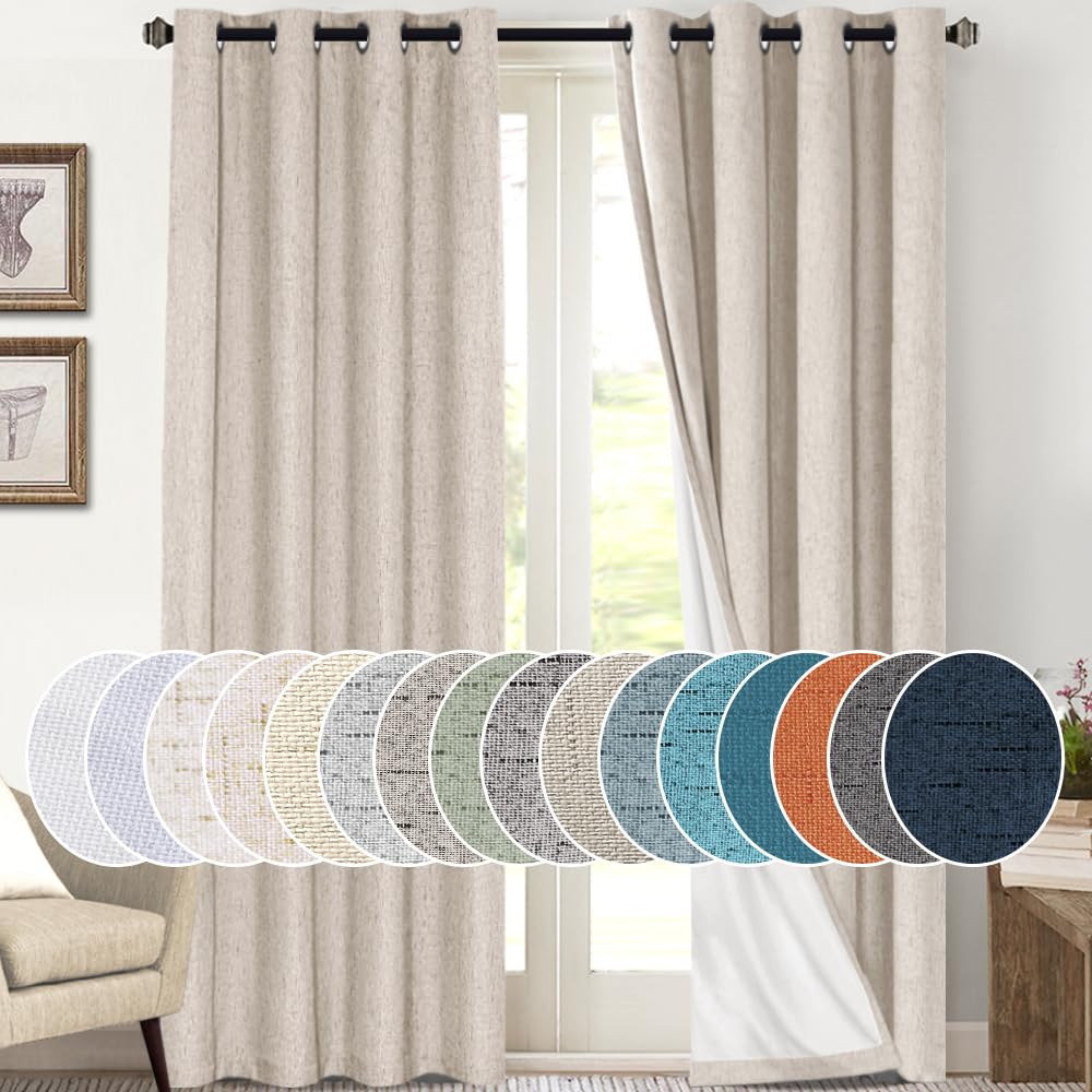 Photo 1 of (WHITE) PrinceDeco Linen Blackout Curtains for Bedroom 108 Inches Long Thermal Insulated Textured Blackout Curtains for Living Room Grommet Heat and Full Light Blocking Drapes 2 Panels, Natural, 52x108 Inch (WHITE)