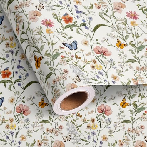 Altarho Wildflower Wrapping Paper Roll for Boys Kids Women Men - Spring Butterfly Vintage Floral Print Holiday Gift Wrap for Summer Mothers Day Easter Birthday Total 28.5sq.ft
