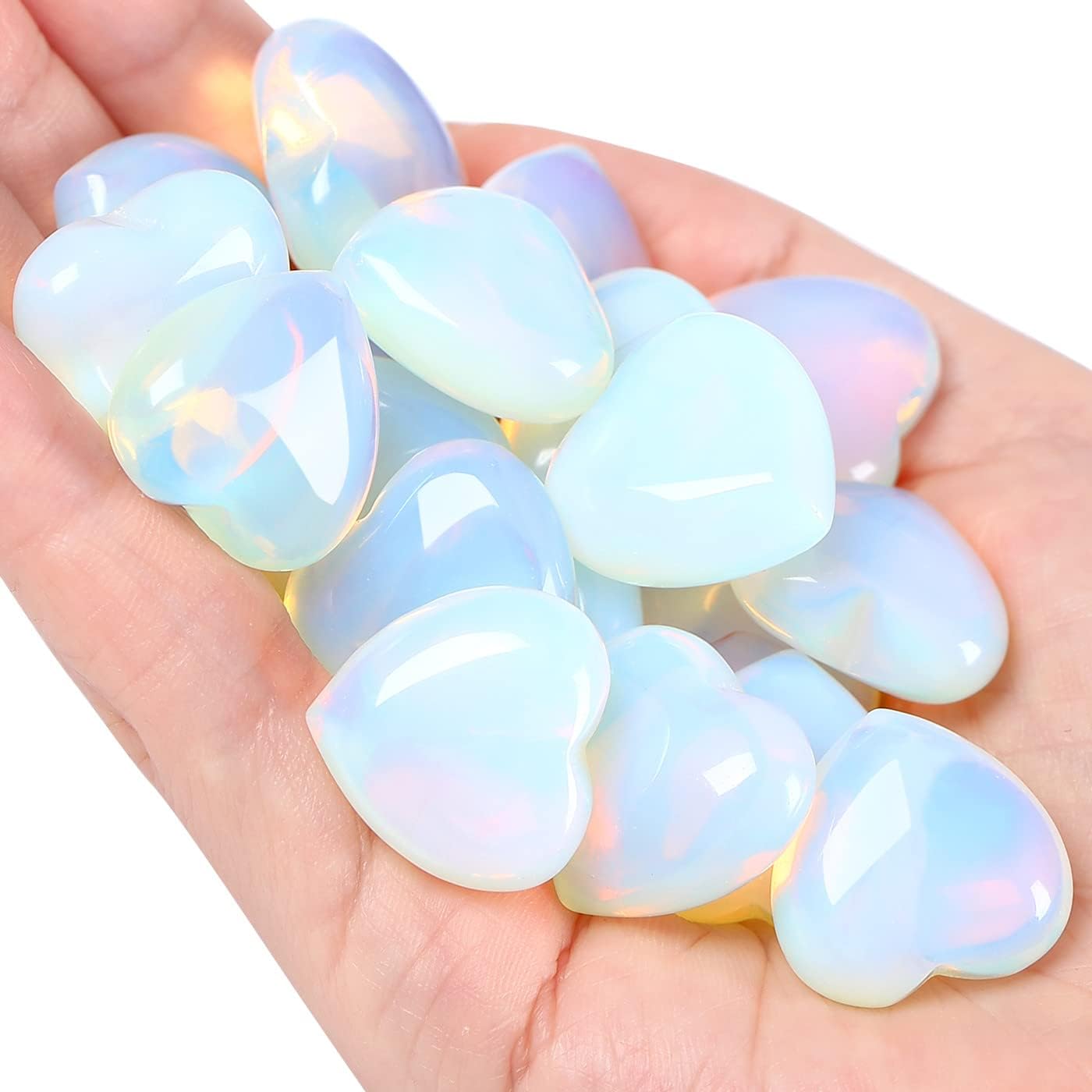 QINJIEJIE Opalite Heart Crystals Moonstone Healing Gemstone Worry Stone Set