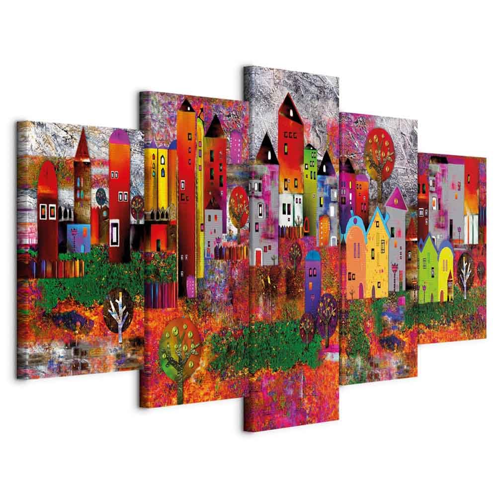 B&D XXL - Quadro 225x112 cm 5 Pezzi - Stampa su Tela Canvas con Struttura - Quadri Componibili Moderni Soggiorno Grandi - Murale Arte Decorazioni da Parete Decori - Città Colorato d-A-0052-b-m