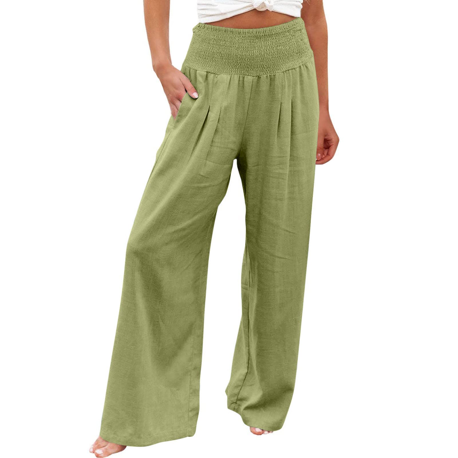 LRMQSLinen Wide Leg Pants Women Summer Casual Drawstring Elastic High Waist Trousers Resort Wear Beach Trendy Palazzo Pant