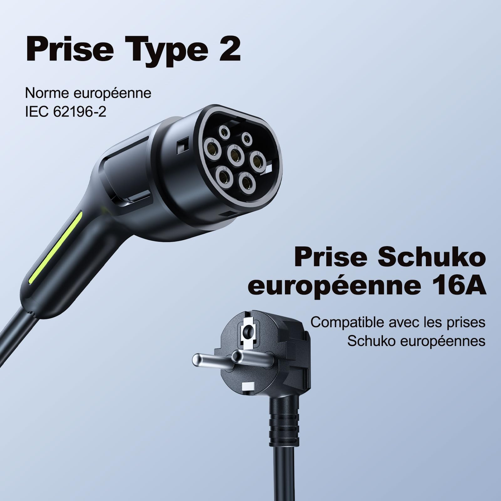 Chargeur Voiture Electrique,3.68KW/5M EV Chargeur Type 2, Cable Recharge Véhicule Electrique 16A avec EU Schuko Prise, Borne de Recharge Monophasé IP65, Compatible avec E-208, Model Y/3,ID.3, ID.4