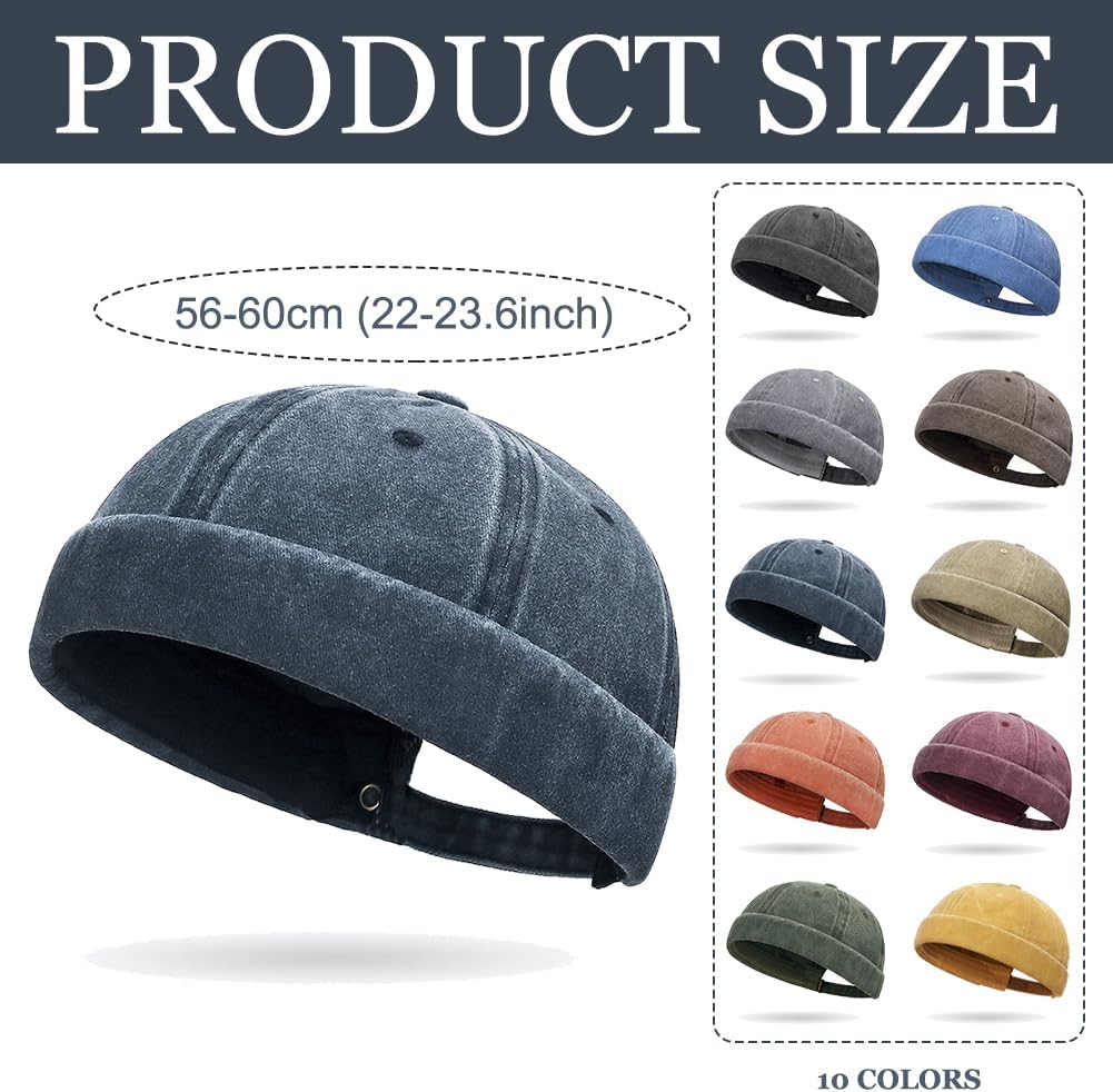 6Pcs Brimless Hats for Men Women Docker Cap Washed Cotton Retro No Brim Hat Skullcap Beanie Adjustable Rolled Cuff Hats