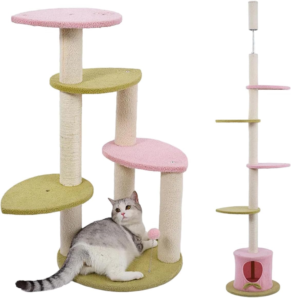 Emily Pets 5-in-1 Multi-Level Cat Tree for Small & Medium Cats – Pink & Green Cat Tower with Scratching Posts, Plush Pads, Toy & Condo-picture-16