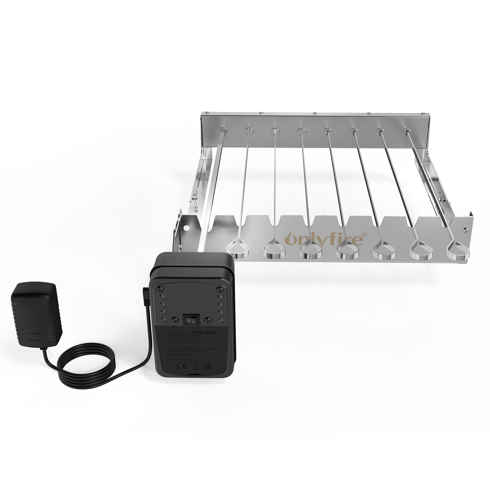 Onlyfire Elektrischer Spiessdreher, Edelstahl Drehspieß Aufsatz mit 7 Spießen und Motor, Größenverstellbar 43,3 x 40,3-46,3 cm, mit Netzstecker, Drehspieß Rotisserie, Silber