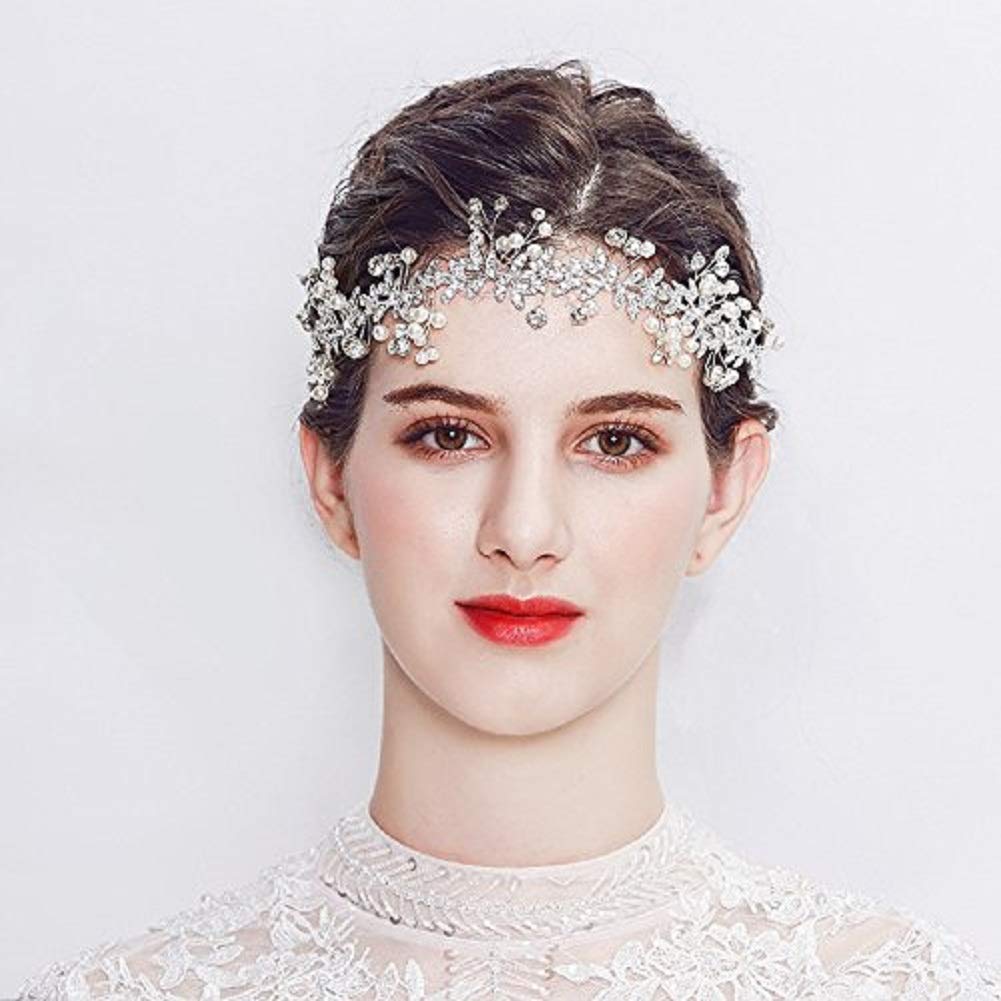 Hapibuy Wedding headpiece Crystal Forehead Band Bridal Hair Vine For Bride and Bridemaid Silver Color