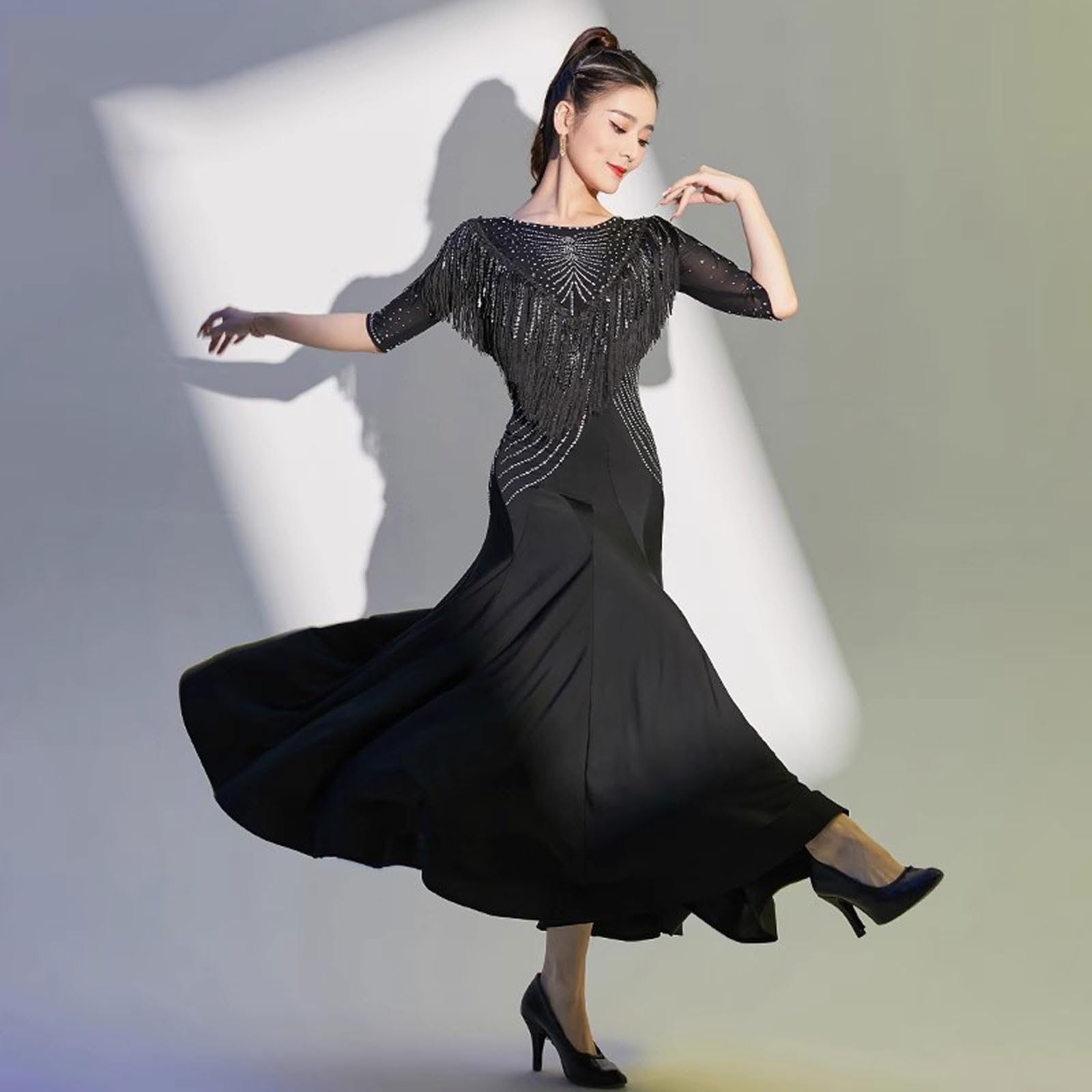 Sukienka do Tańca Standardowego National Standard Spódnica do Tańca Walca ze średnim Rękawem dla Pań Strój Flamenco z Frędzlami Foxtrot Kostiumy Salsa Tango Ze Strasami