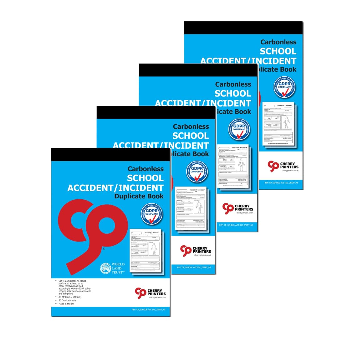 Cherry Printers | Carbonless NCR | School Accident/Incident | Duplicate Book | for Pupils | GDPR Compliant | A5 (148 x 210 millimetres) | Loose Leaf Writing Shield | 50 Sets per Book | **4 Pack**