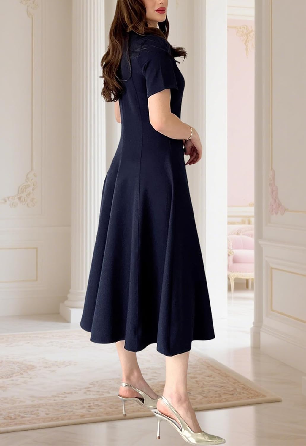 Women's Summer Round Neck Midi Dress Short Sleeve Fit and Flare Elegant A-Line Business Swing Dresses - Image 8