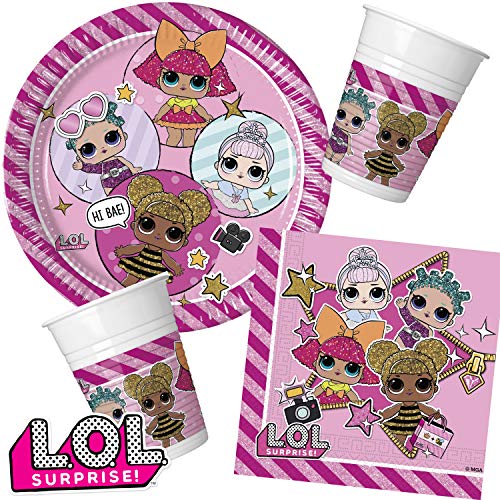 53-teiliges Party-Set * L.O.L. Suprise! * für Kindergeburtstag mit 16 Teller + 16 Becher + 20 Servietten + Deko | für 16 Kinder | LOL Sammenfiguren MGA Geburtstag Party Mottoparty Mädchen Pink