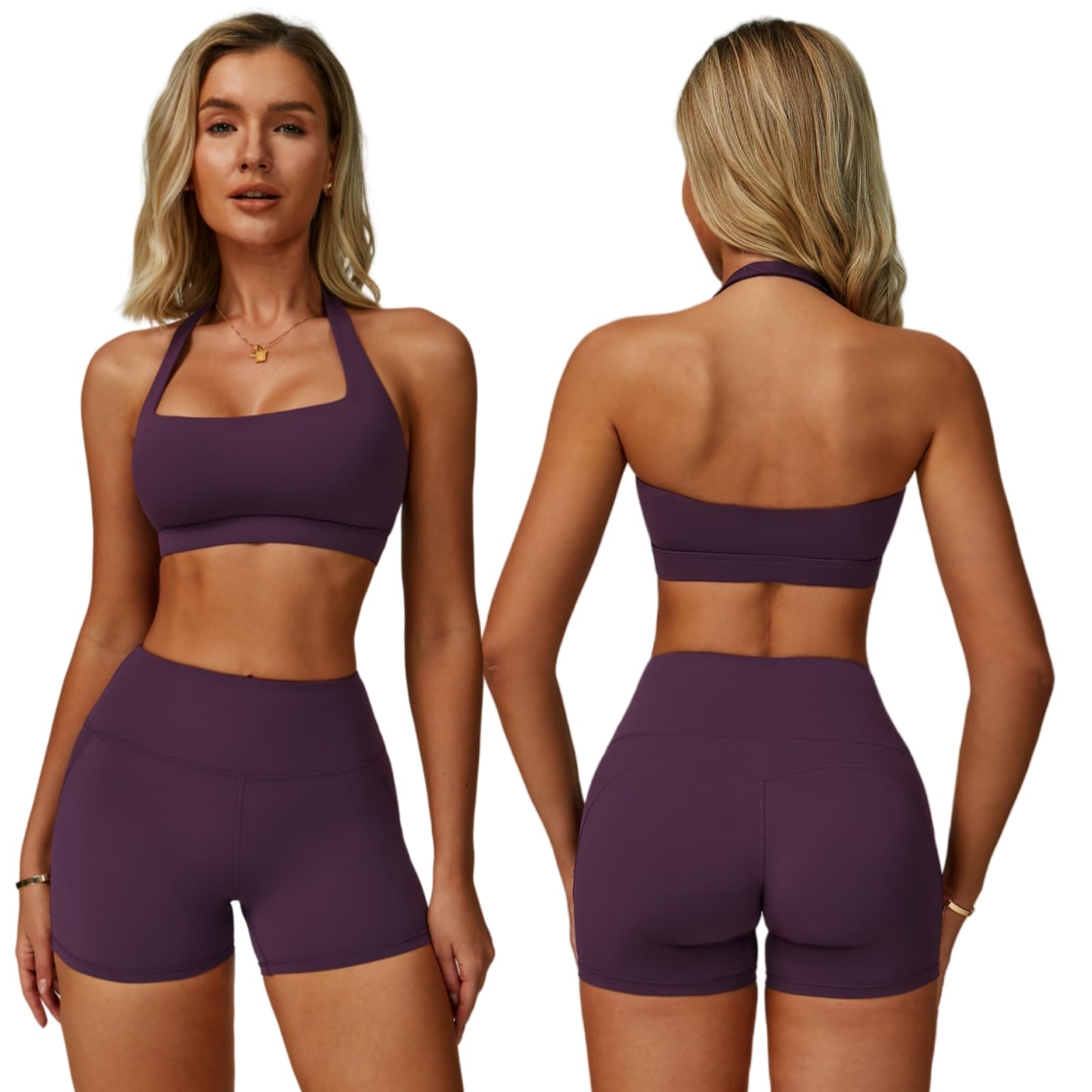 ABOCIW Workout Sets for Women Square Neck Halter Sports Bra High Waist Biker Shorts 2 Piece Gym Yoga
