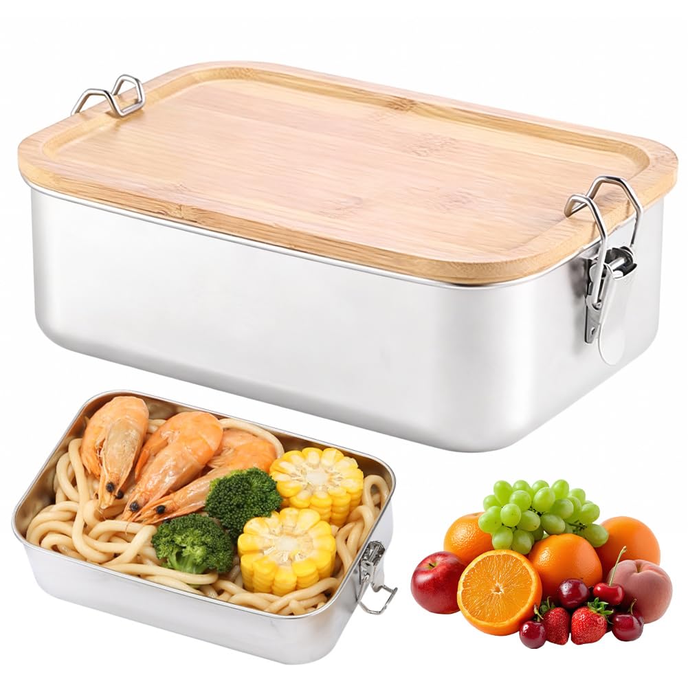 Edelstahl Brotdose, Bento Box Auslaufsicher Metall Lunchbox 1400ml, Brotzeitdose mit Holzdeckel Vesperdose Erwachsene Kinder, Frühstücksbox Brotbox für Schule Ausflüge Kindergarten – Amazon Angebot