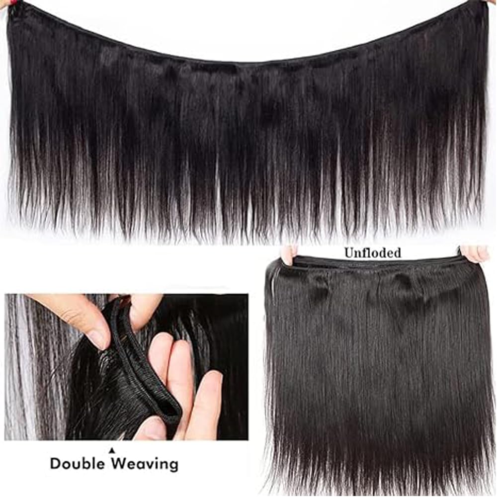 26 Inch Straight Cheveux Naturel Hair Extension Human Hair Bundles Unprocessed Brazilian Virgin Hair Double Weft Weave #1B Natural Black Minimal Tangles&Shedding For Women 50g/Bundle