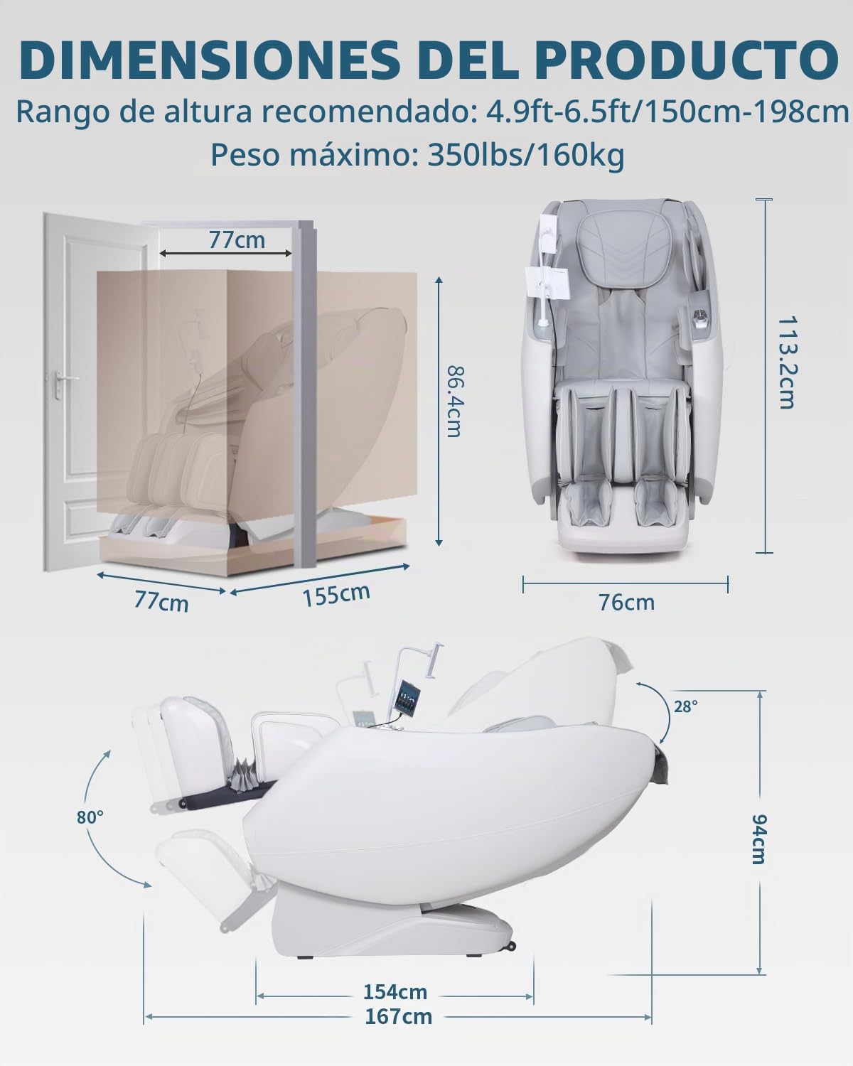 Sillón de Masaje Corporal Completo con Pantalla táctil (Blanco) | masaje 4D, gravedad cero, riel SL, función de calefacción para pantorrillas y espalda, asiento de masaje Shiatsu