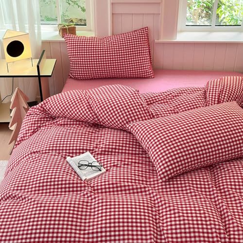 Image of LifeTB Queen Comforter Set Red Gingham Comforter Modern Style Plaid Boho Comforter Set 3 Pieces Fluffy Grid Checkered Comforter with 2 Pillowcases Farmhouse Gingham Bedding Set Queen Size