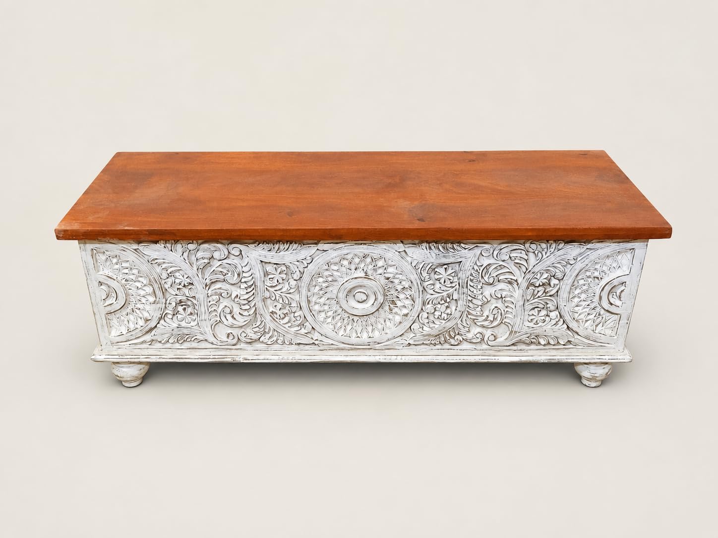 solid wood hand carved storage trunk chest |vintage wooden trunk box with storage | rustic living room center table | distressed white & natural finish