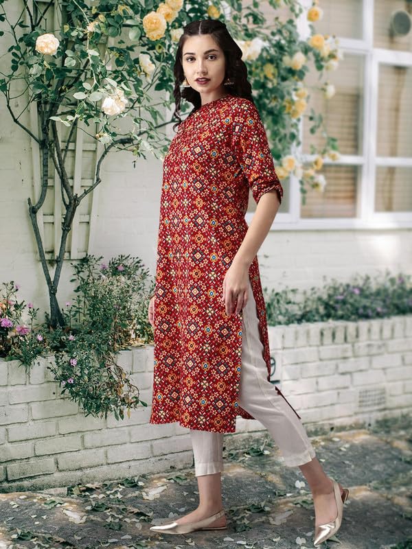Image of Pinkmint Women Cotton Kurti ll Stright Printed Collared V Neck Kurta ll Stylish Regular Fit Kurti's (Pack of 01)