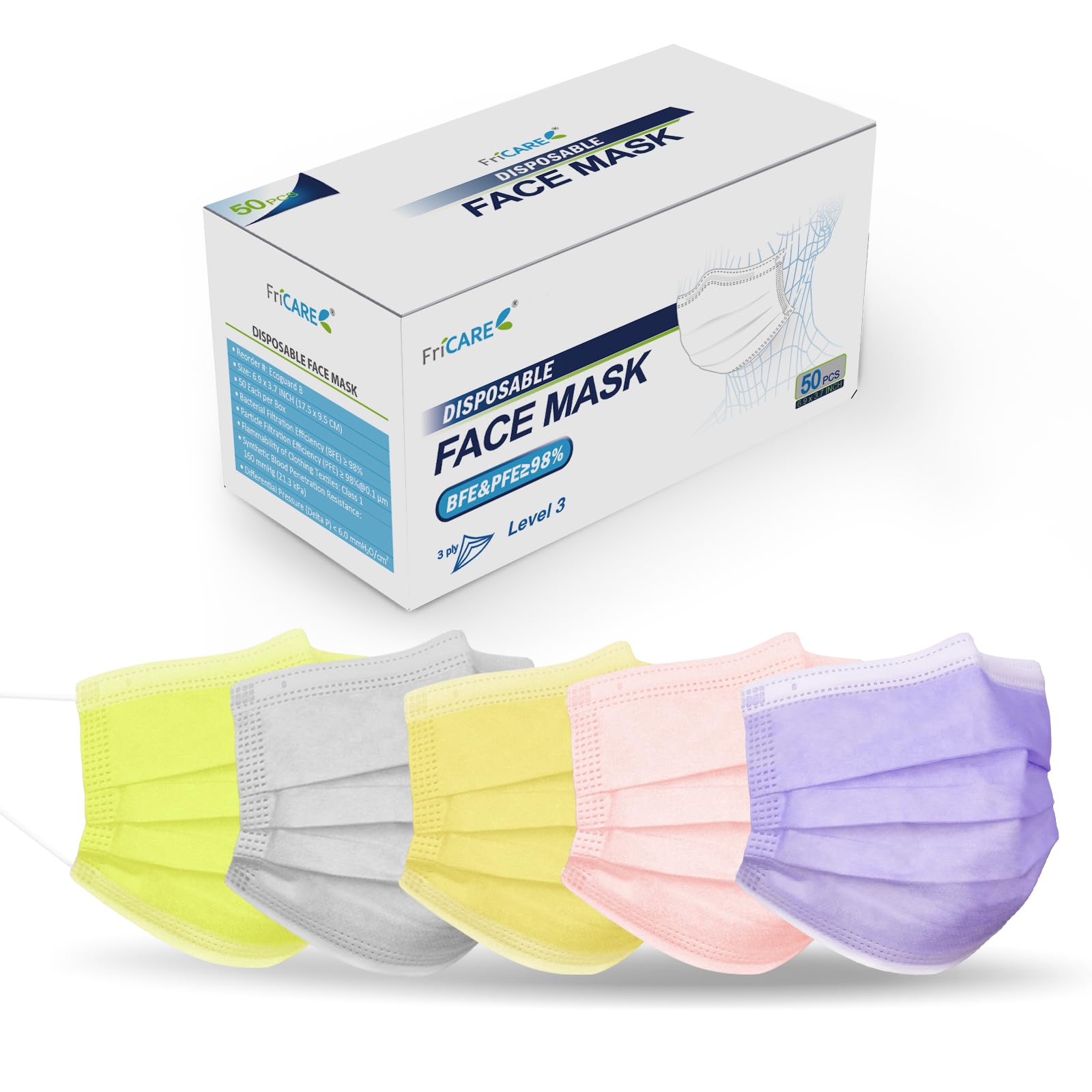 FriCARE Disposable Face Masks for Adults, 3 Ply ASTM Level 3 Medical Grade
