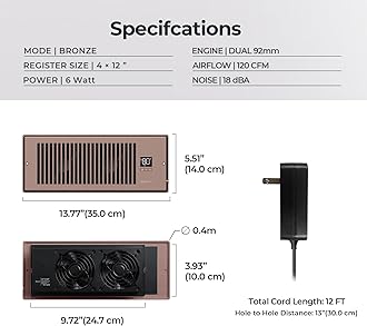 BIOWIND Quiet Register Booster Fan Fits 4" x 12" Register Holes, 10-Speed Smart Heating Cooling AC Vent Fan with Remote Control and Thermostat Control - Bronze