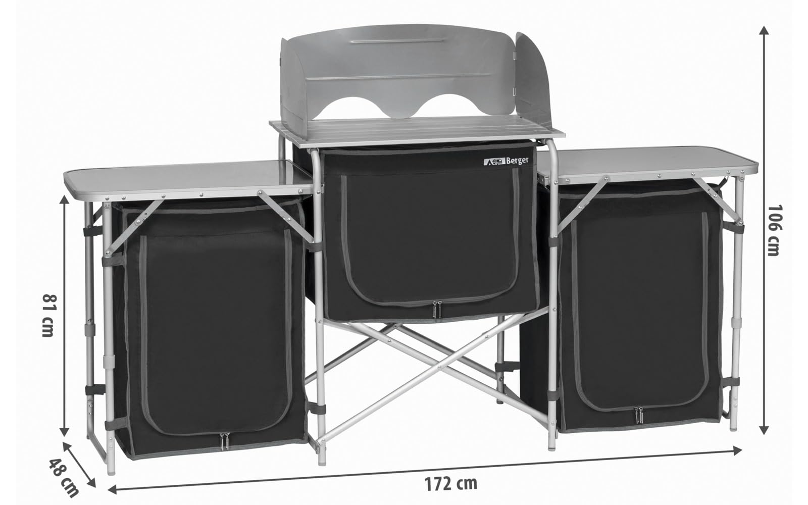 Campingküche XL, mobile Aluminium Küchenbox mit Windschutz, aufrollbare Arbeitsplatte, höhenverstellbare Füße, 5 Staufächer, tragbare Campingküche für Outdoor, Campingplatz, Reise und Kochen im Freien