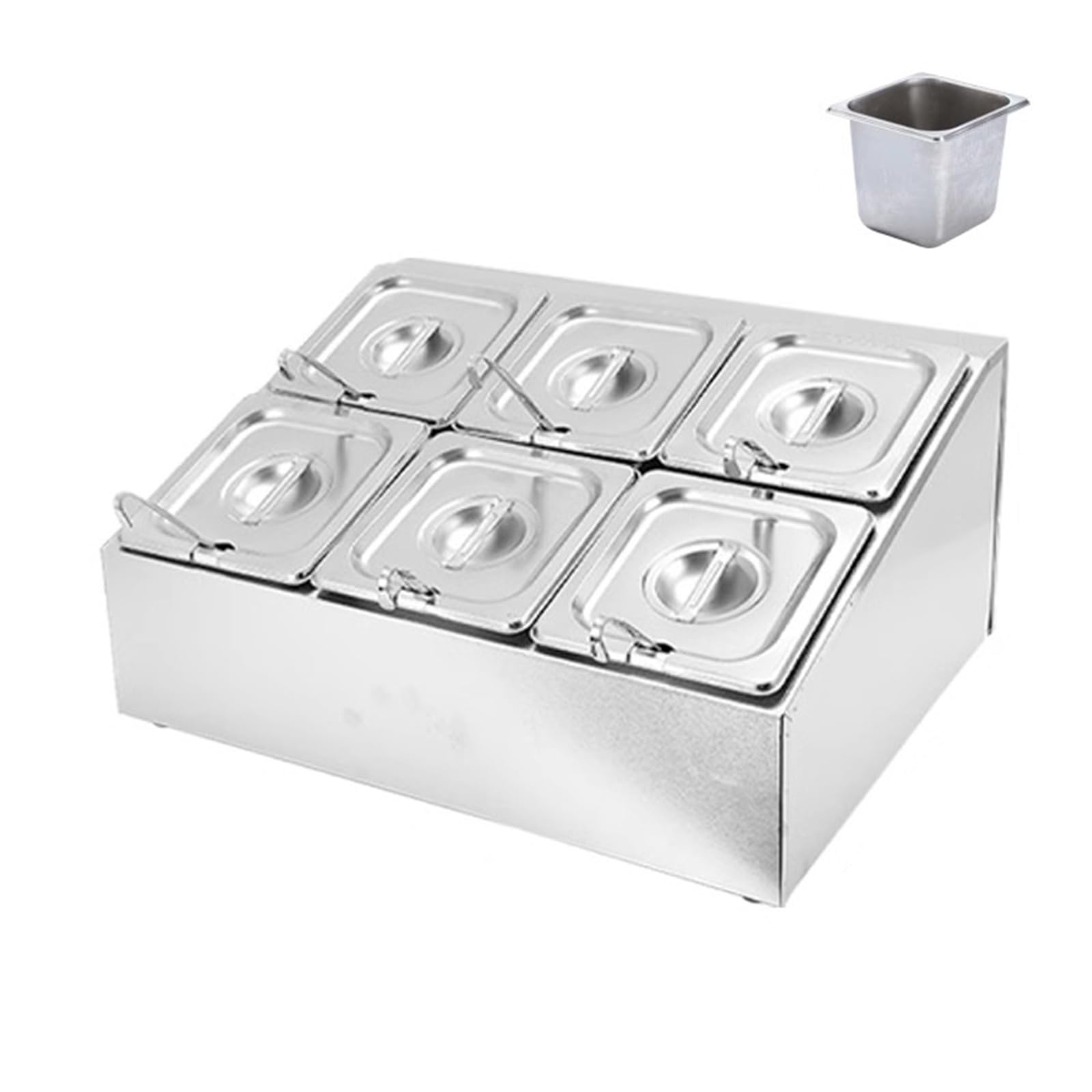 Stazione per pizza con padelle e coperchi, dispenser inclinato in acciaio inox per spezie, condimenti, salse, marmellate, frutta, ingredienti (45663 Dual 6)