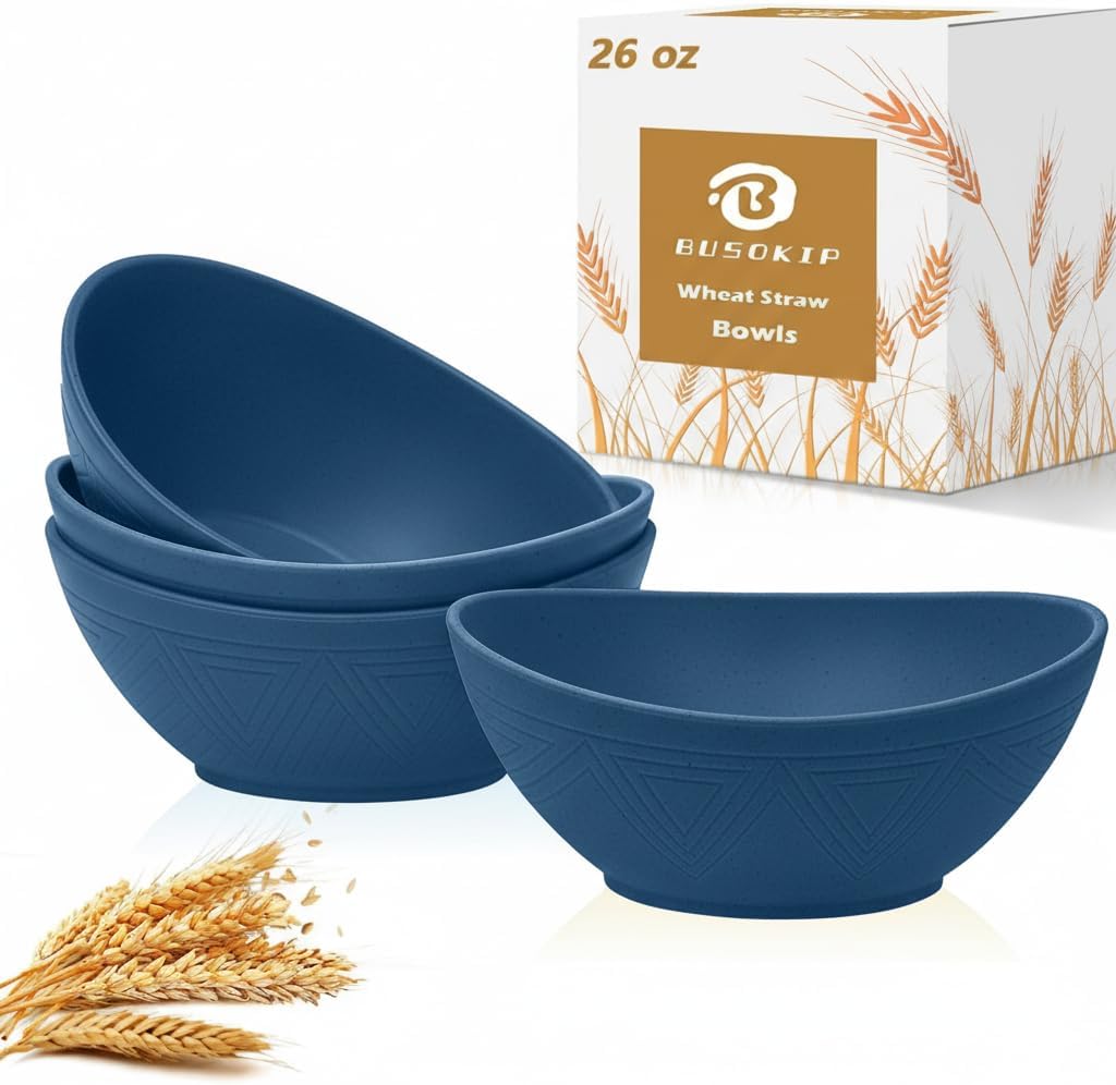 65 OZ Big Bowl Set - Wheat Straw Bowls Unbreakable Salad Bowls Set of 4, Plastic Bowl Reusable for Kitchen, Camping, Party, Popcorn, Microwave & Dishwasher Safe Bowl (White)