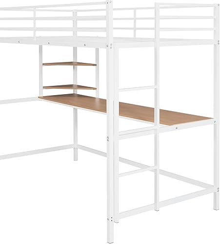 Miniatura 7 de Marco de cama de metal tipo loft de tamaño individual con escritorio y estantes de almacenamiento, marco de cama de metal con barandilla segura y