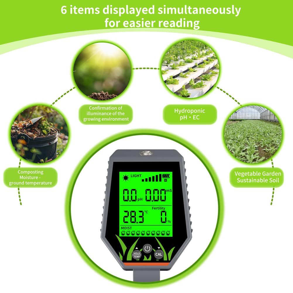 Luocute Tester Gleby 6 w 1, Wyświetlacz LCD PH Gleby EC Wilgoć Żyzność Miernik Temperatury światła Słonecznego z Podświetleniem, do Trawnika Ogrodowego Rośliny Doniczkowe Sadzenie w
