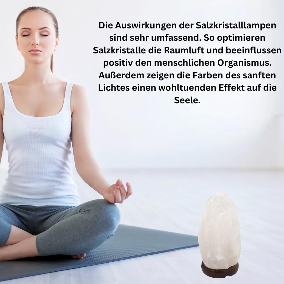 Salzkristalllampe weiß – Salzsteinlampe natürliche Salzlampe Salzstein Wellness Dekolampe für Schlafzimmer Wohnzimmer & Büro Lampe Himalaya Salzlampe aus der Salt Range Pakistan Holzfuß + LED