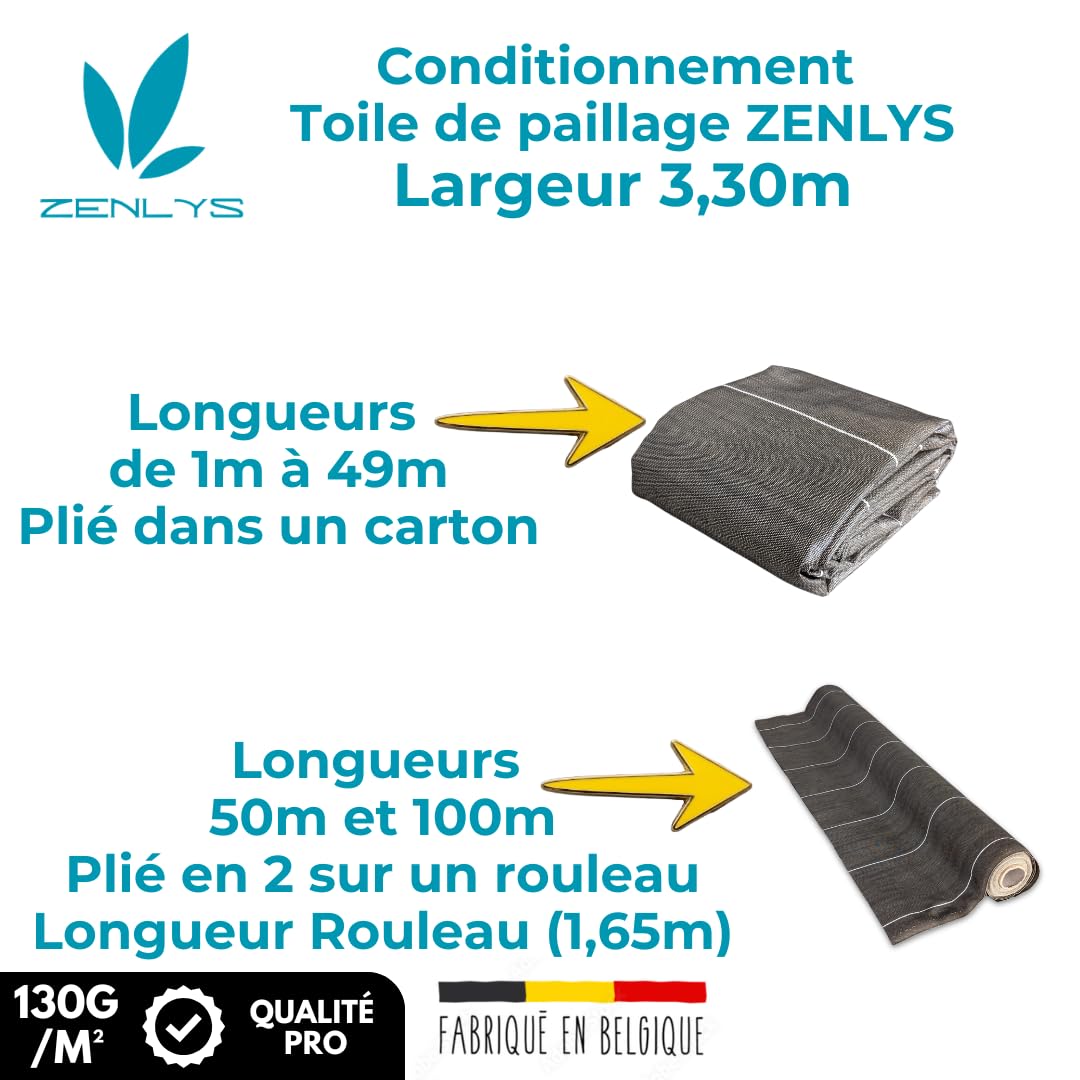 Pack Agrafes et Toile de paillage Grande Largeur 3,30m - Anti Mauvaises Herbes Longueur 15m - Lot Bache Marron 130 grammes par m2 - Geotextile - Large 3M ZENLYS