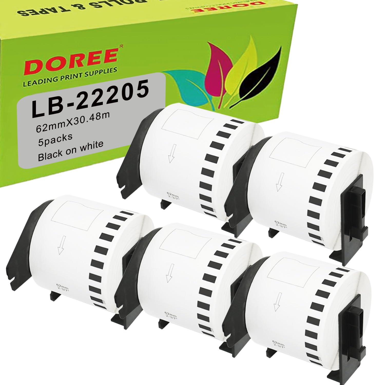 DOREE 5 Rouleaux DK-22205 Étiquettes Continues, Compatibles avec Brother DK-22205, 62 mm x 30,48m Rouleau d’étiquettes, Pour les imprimantes Brother QL-500,QL-550,QL-570,QL-700,QL-710W,QL-800,QL-810W
