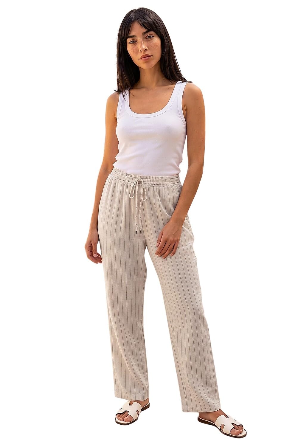 Roman Women's Petite Linen Blend Stripe Trousers in Natural | Size: 18