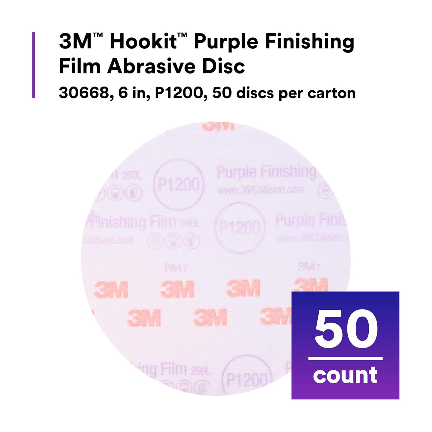3M Hookit Purple Finishing Film Abrasive Disc 30668, 6 in, 1200+ Grade, 50 Pack, Clear Coat Sanding, Paint Finishing, Defect Removal, Long Lasting