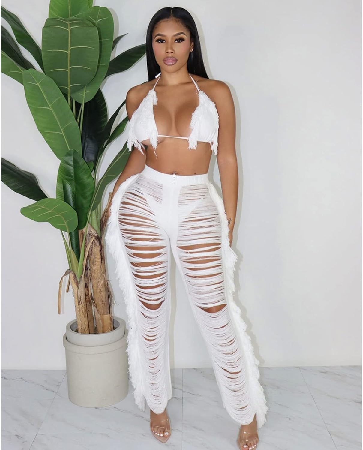 KANSOON Two Piece Sets for Women Sexy Crochet Outfits Halter Top Fringe Pants Summer Party Clubwear - Image 5