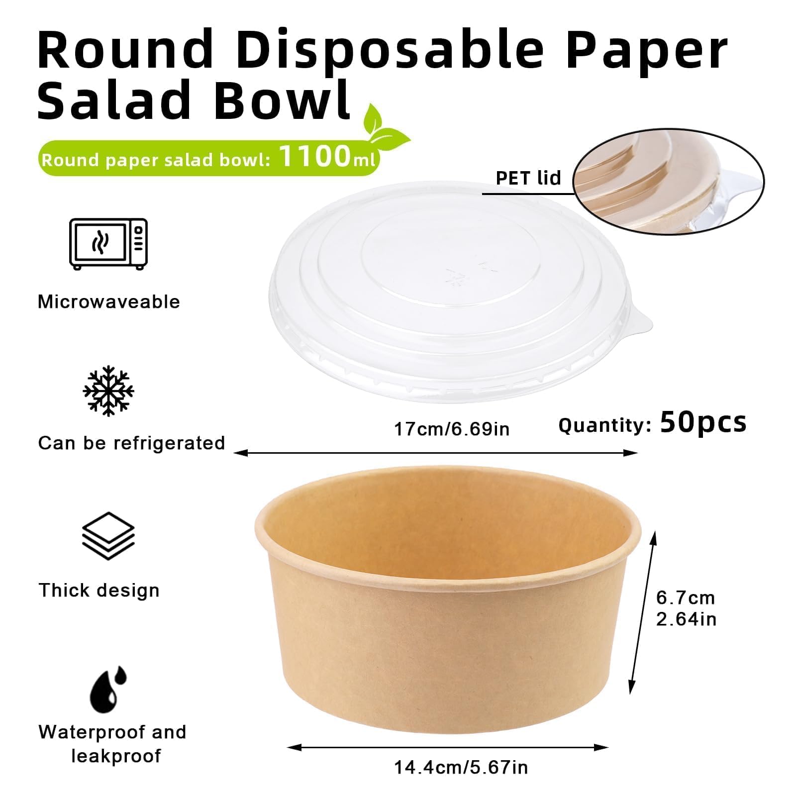 Paquete de 50 recipientes desechables para alimentos con tapas transparentes, cuencos de papel desechables de 1100 ml, recipiente de alimentos de 37 onzas con tapa adecuado para ensalada dietética,