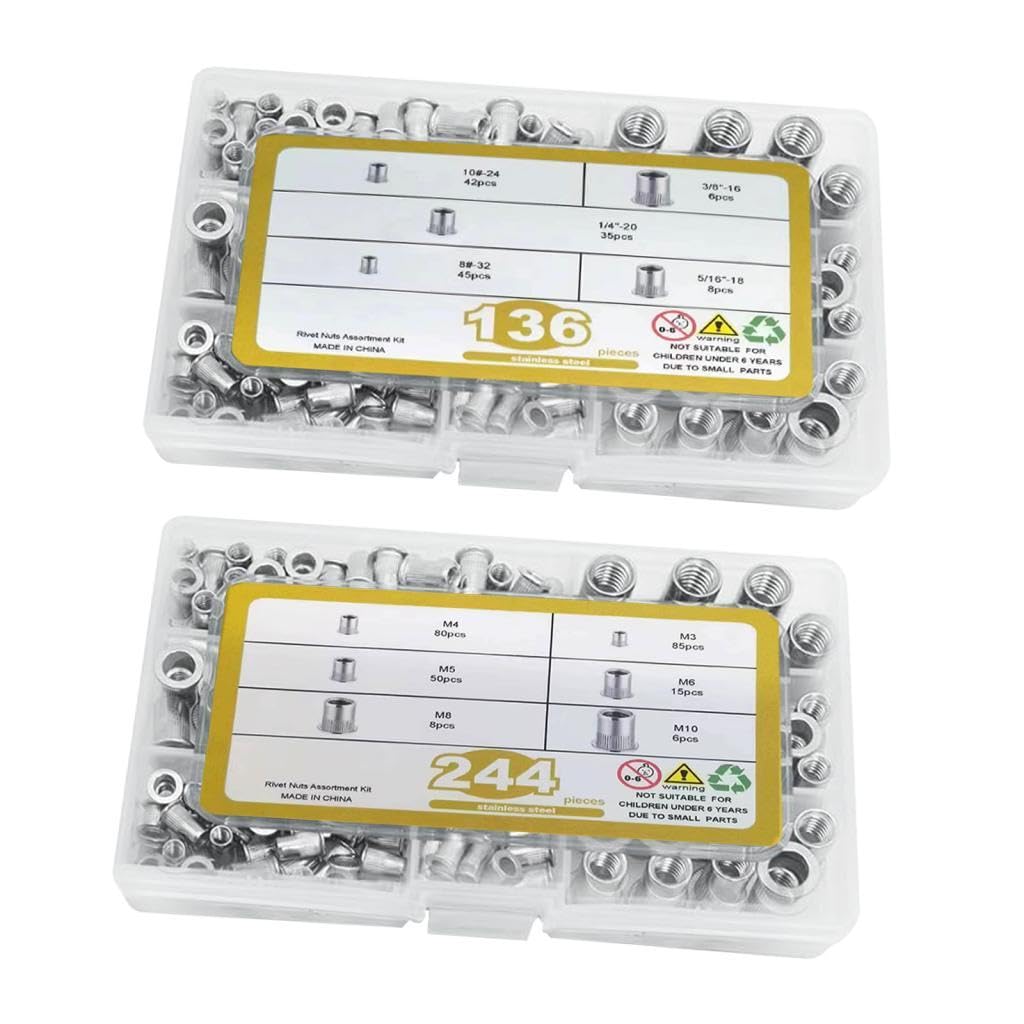 tuerca de remache, Tuercas de inserción roscadas de cabeza plana de acero inoxidable, Tuerca de remache de cabeza plana SAE duradera (plata, 380 piezas)